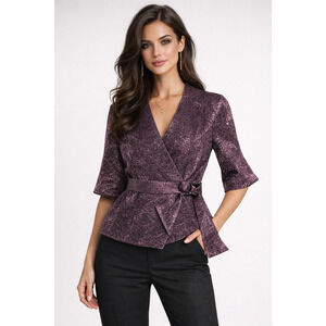 Alex Evenings Metallic Faux Wrap Top Size 3X Purple Evening Blouse Cocktail